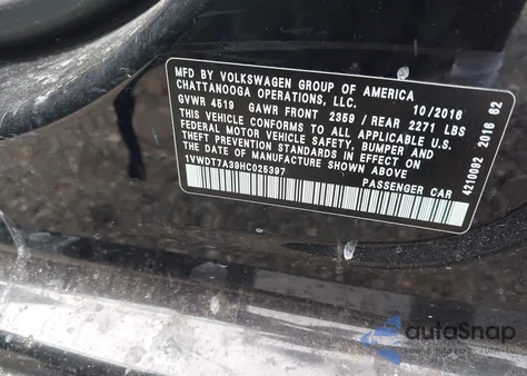 2017 Volkswagen Passat 1.8T R-Line from USA, damaged, VIN 1VWDT7A39HC025397